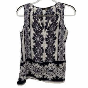 Rose & Olive Navy Blue & White Print Sleeveless Blouse Top - NWOT - Small